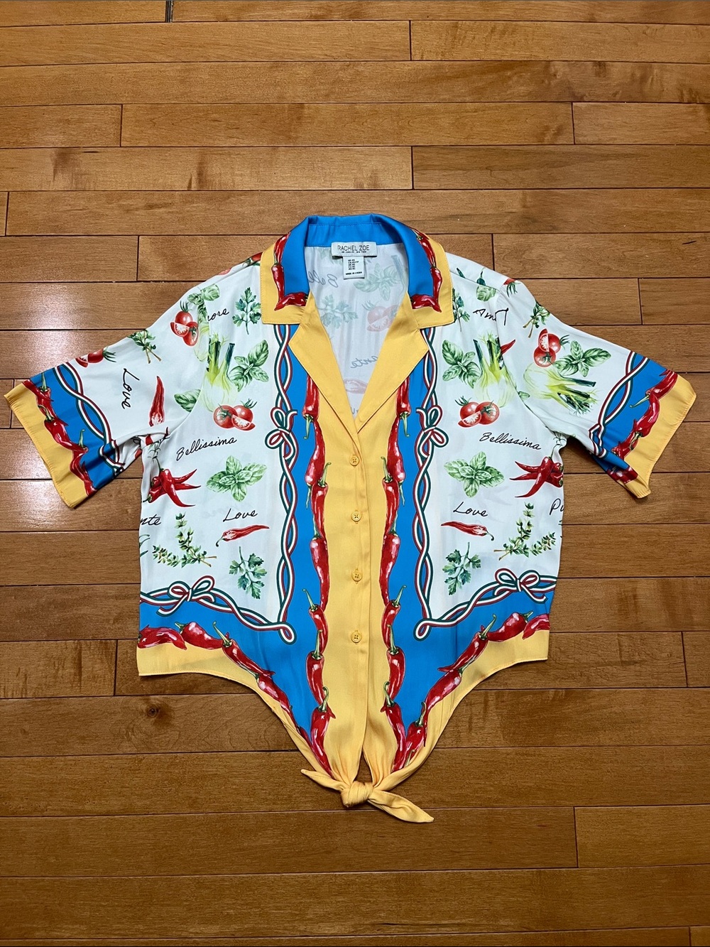 Short-Sleeve Tie-Front Button-Down Shirt - White/Blue/Yellow